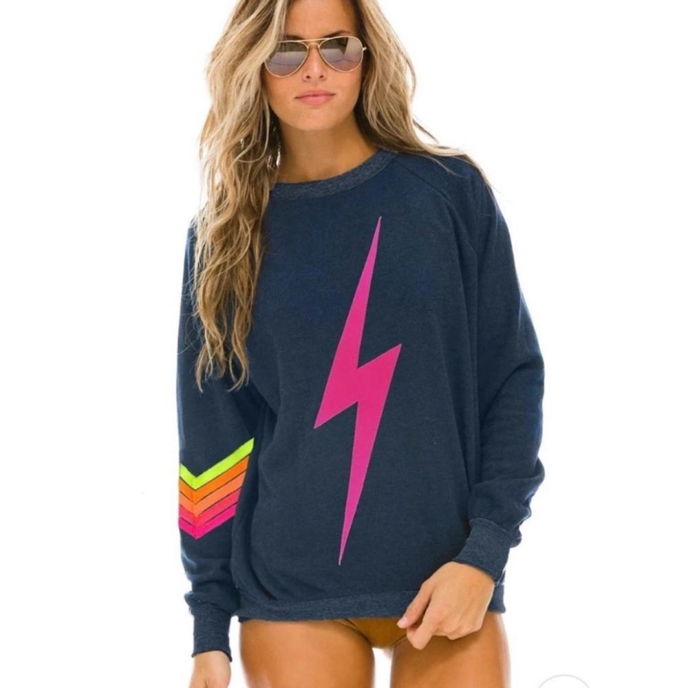 Aviator Nation Navy Sweatshirt with Pink Lightning Bolt